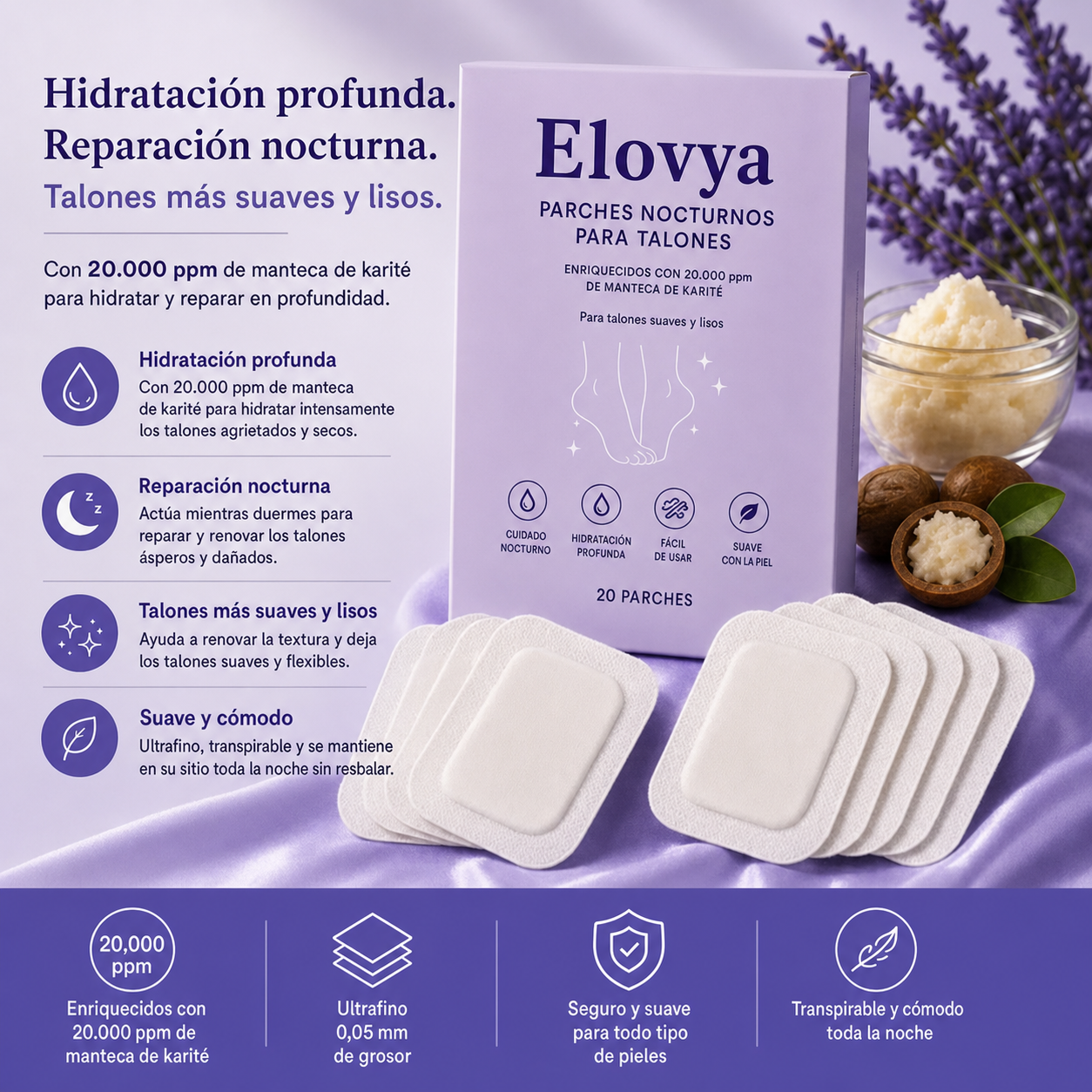 Parches de manteca de karité para talones Elovya